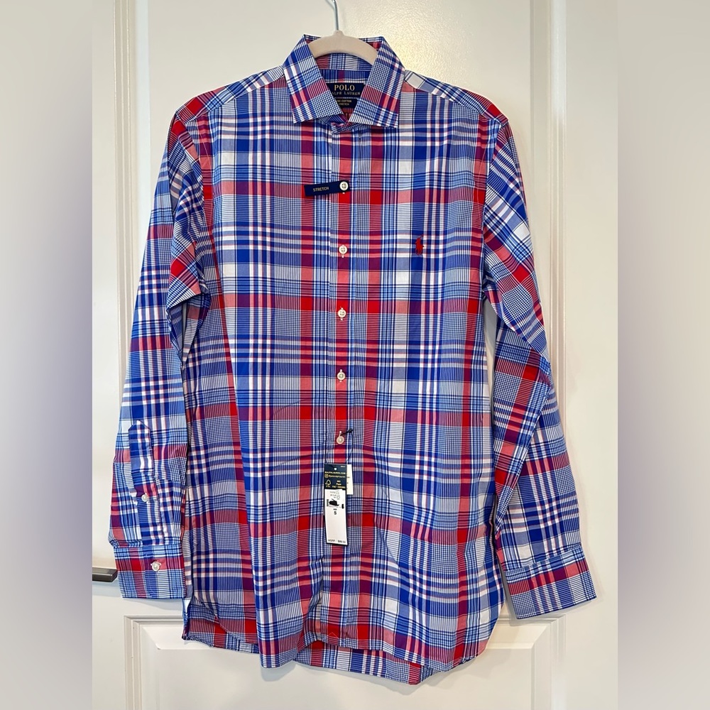 Polo Ralph Lauren Men Small Red Blue Plaid Flannel Button Down Shirt Stretch